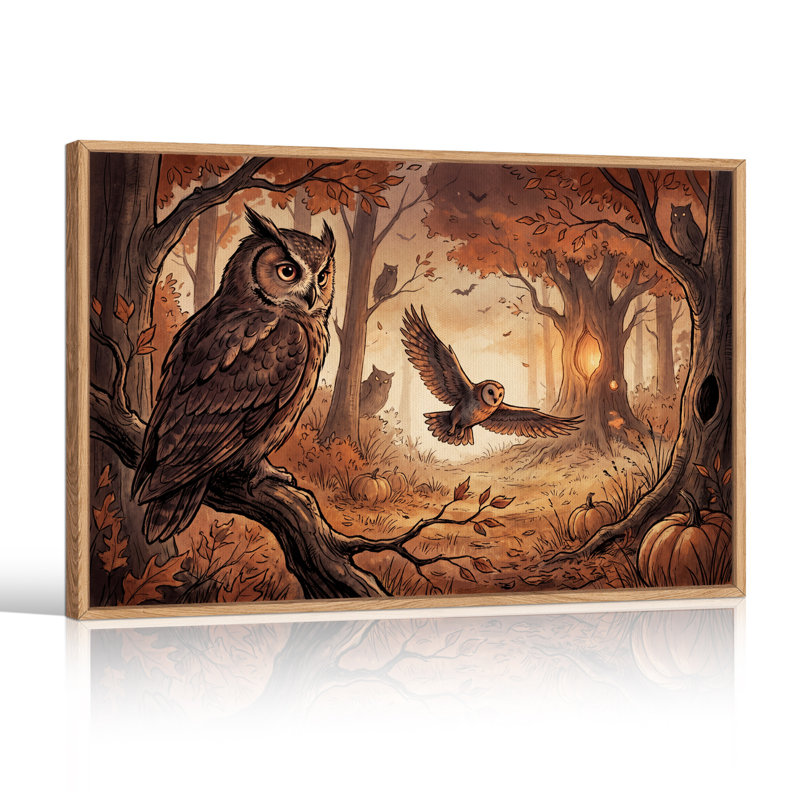 Chouettes brunes dans une forêt d'automne avec des citrouilles - Toile murale d'Halloween, 32"H x 48"W