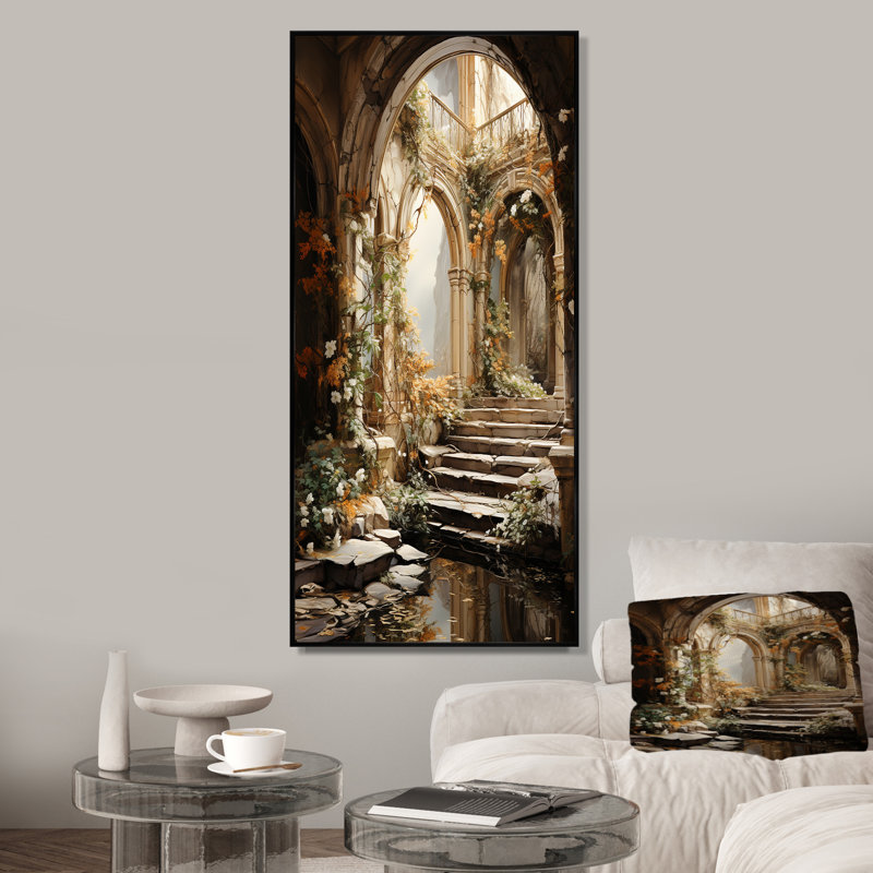 Ruines anciennes Blooms III - Art mural fantastique, Cadre flottant noir, 40" H x 30" W