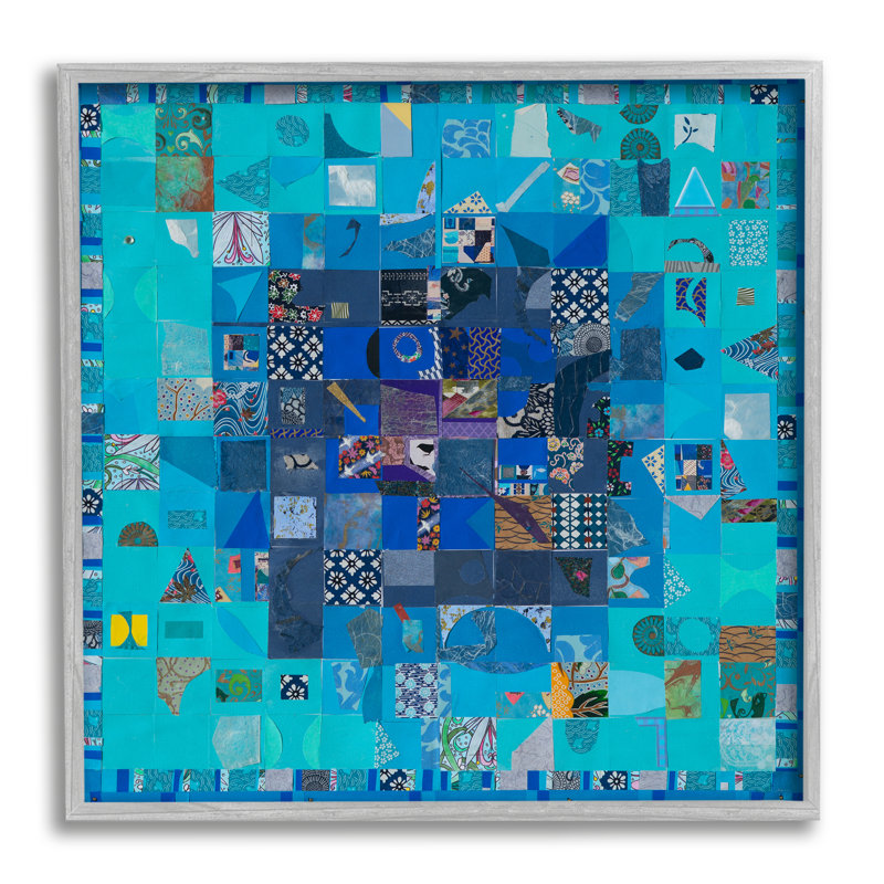 Collage géométrique bleu encadré sur bois, H 12 po x l 12 po x P 1,5 po, Estampe numérique Farmhouse