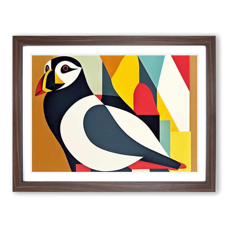 Puffin Bird Abstract Vol.1 - Single Picture Frame Print, 25cm H x 34cm W x 2cm D, Walnut Framed