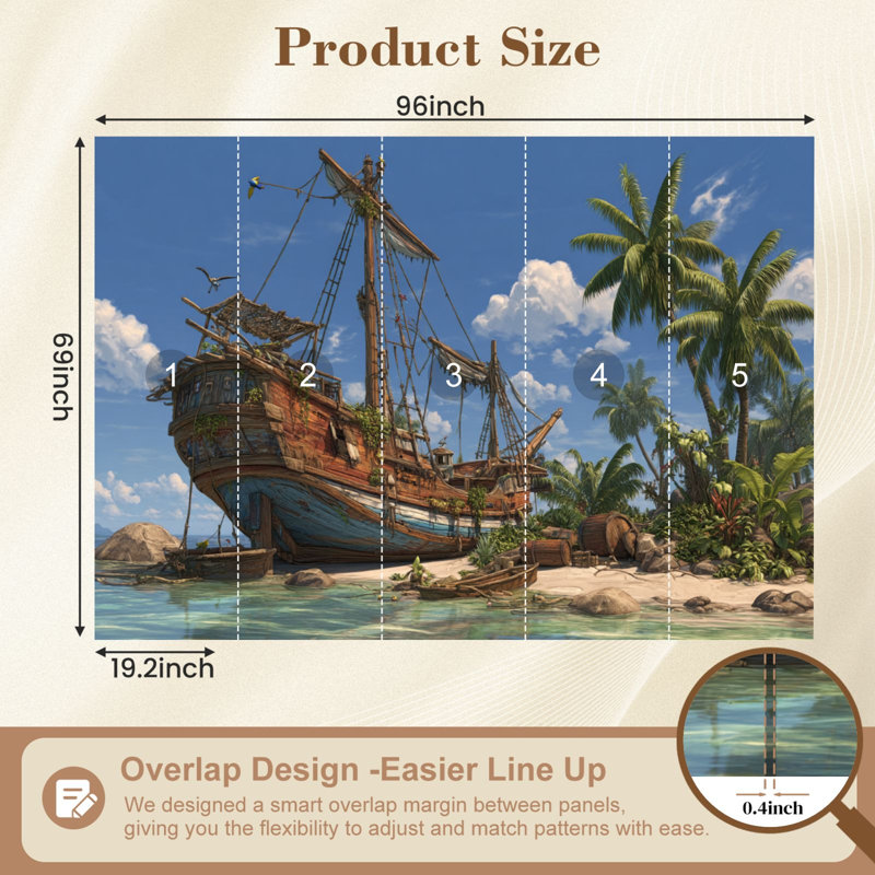 Papier peint adhésif peler et coller en été, bateau de pirate, île tropicale, palmiers, eau bleue claire, papier peint amovible H 69 po x l 96 po, papier peint amovible en PVC, adhésif pour chambre à coucher, bureau à domicile