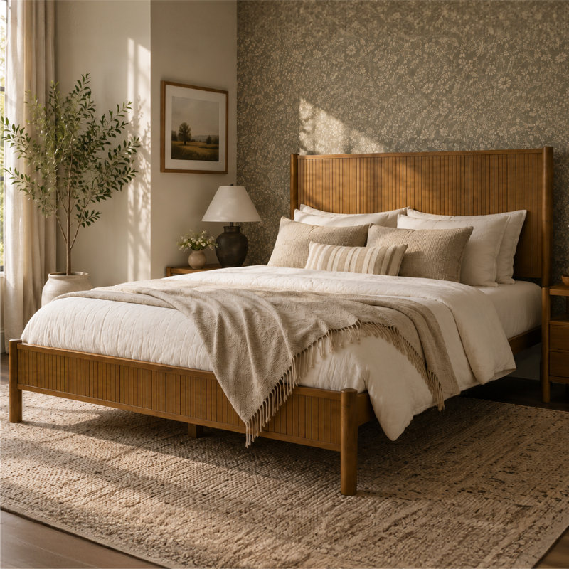 Ollie Solid Wood Queen Size Bed Frame with Grooved Headboard