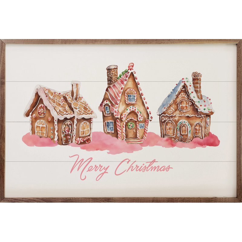 Rose, joyeux Noël, maisons en pain d'épices blanches, H 24 po x l 36 po x P 1 po