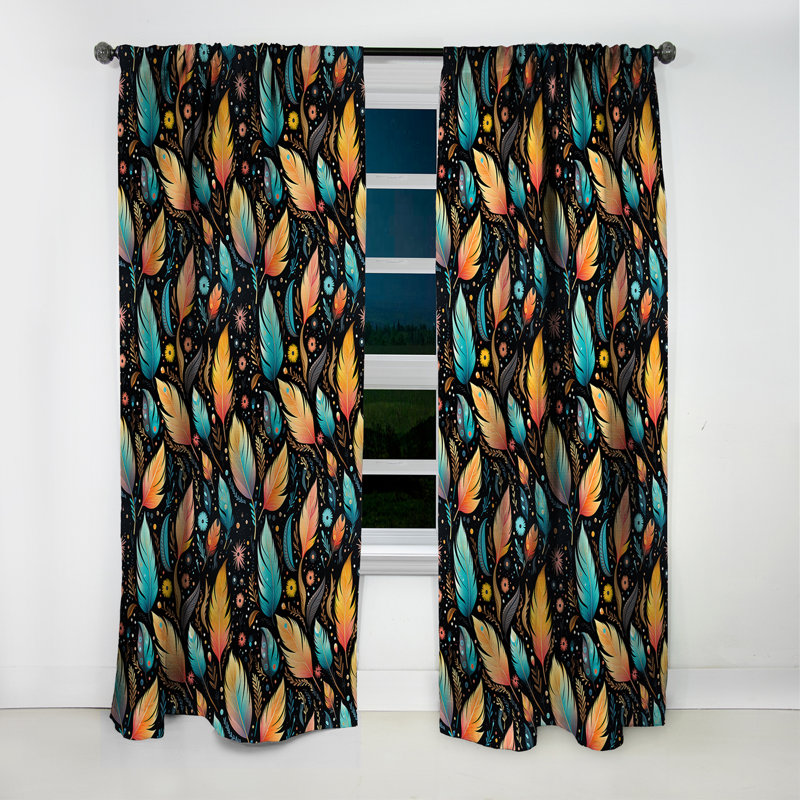 Motif éclectique de plumes de Boho - Rideau abstrait Boho - Rideau abstrait occultant - 1 panneaux, L 52 po x L 108 po