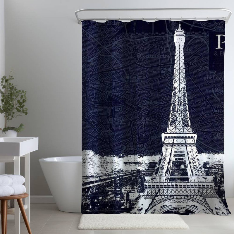 Paris Blue Print Eiffel Tower – Industrial – Polyester Shower Curtain, Dye Sublimation Print, 71" W × 74" L