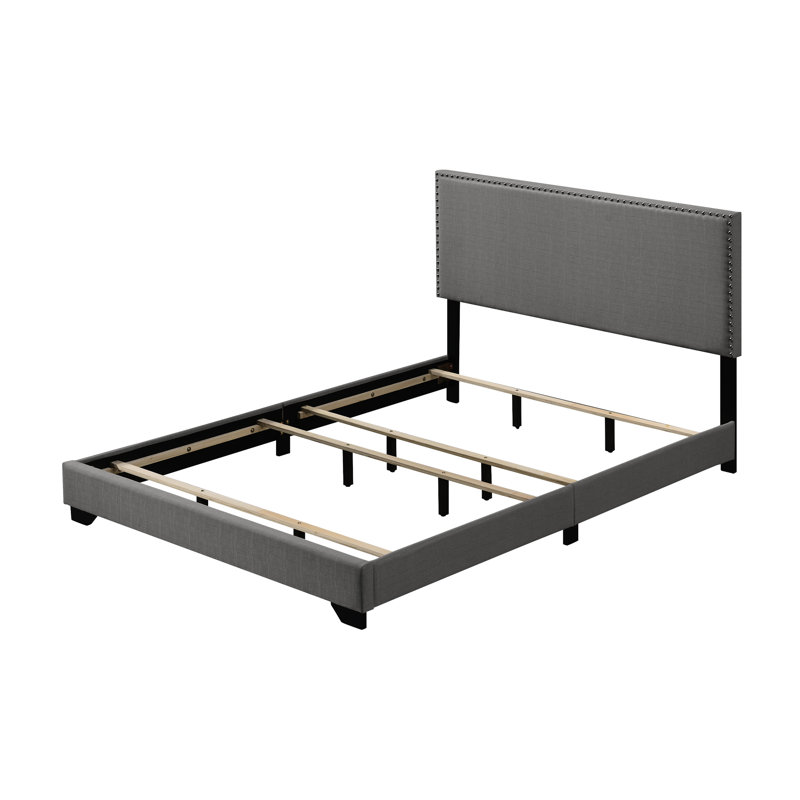 Gray Fabric Queen Bed With Nailhead Trim Accent, Fully Upholstered, Wood Leg, 4 Slats Box Spring Required, 660Lbs Weight Capacity, 6" Floor , 86.03 In Depth, 64.77 Width, 42.58 Height Upholstered