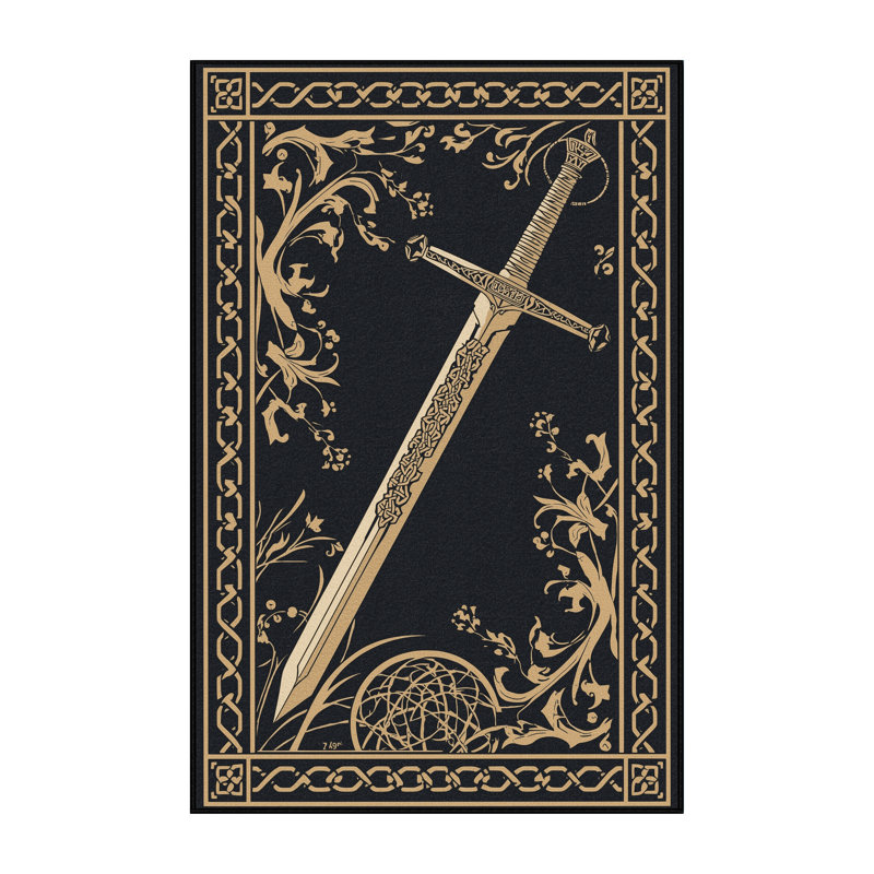 Tapis oriental noir lavable à la machine à motif Justin King Arthur - reliure noire, 8 x 12