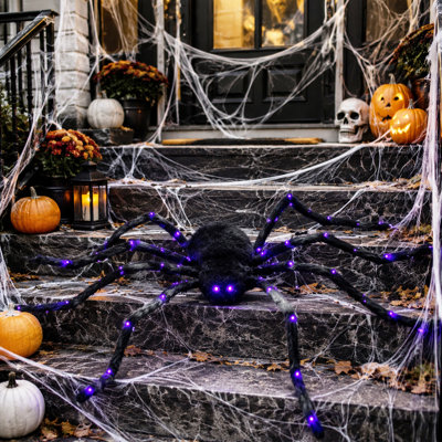 Décoration de jardin araignée géante pour l'Halloween, avec pattes lumineuses violettes, araignée noire à piles pour décoration intérieure et extérieure de fête d'Halloween et de pelouse