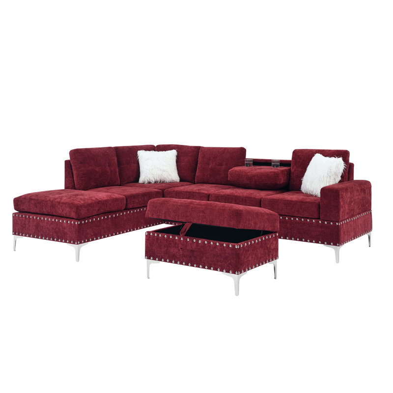 Ilish Upholstered L-Shaped Sectional Reversible, Red Chenille