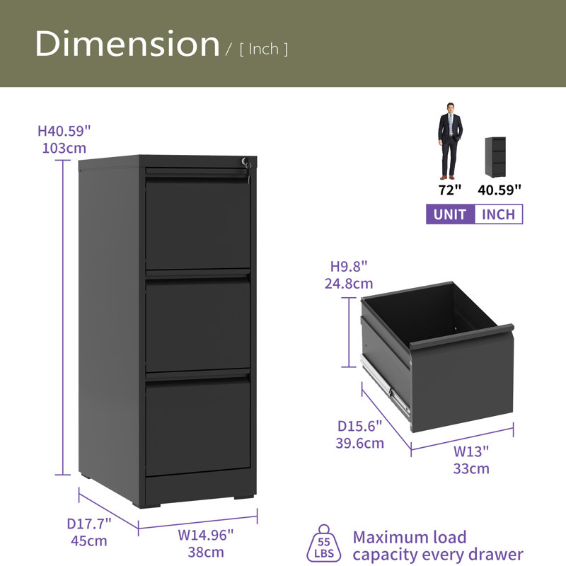 14.96 " Wide 3 Vertical Filing Cabinet, Black