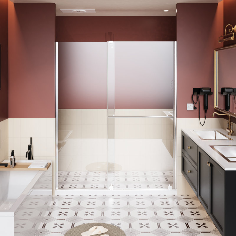 72 In.H Sliding Shower Door With 30 - 60 In.W Width Adaptability, 1/4 Inch Thick Glass, Accented Frame, Dual Usage Adjustment, Handles, Reversible Arrangement