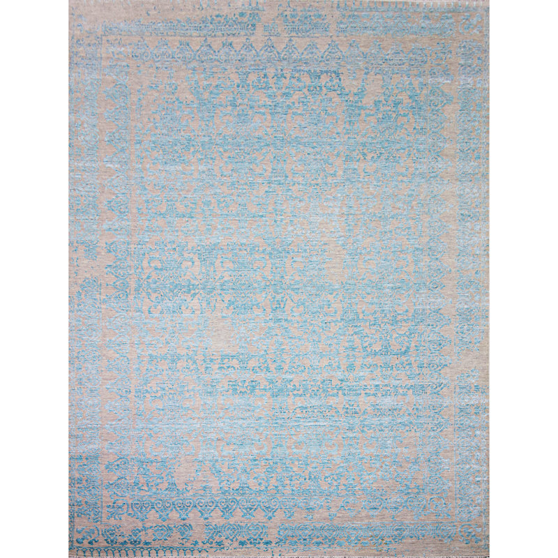 Hand-Knotted High-Quality Silver and Aqua Area Rug