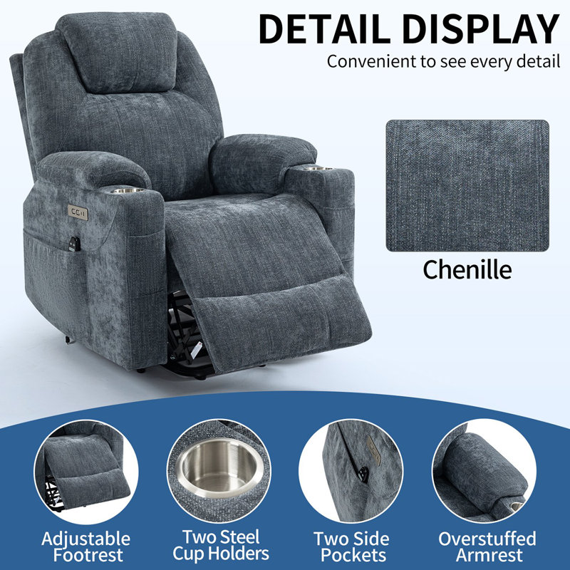 Electric Power Lift Chenille Recliner With Heat And Massage, Blue