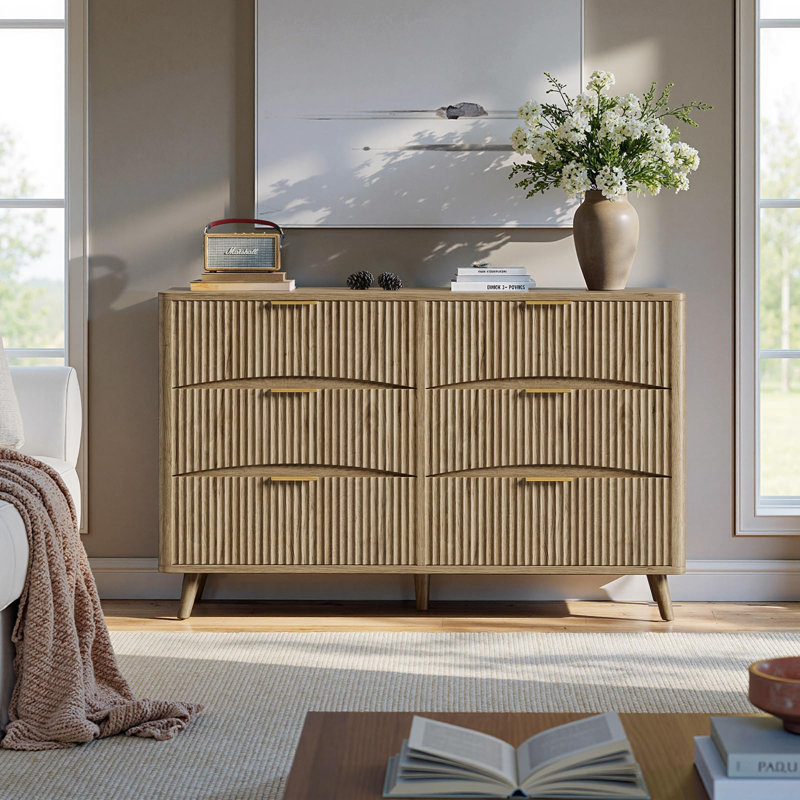 Fluted 6 Drawer Dresser, 54" Wide Wood Curved Dresser, Mid Century Modern Chest Of Drawers For Bedroom, Living Room And Entryway
