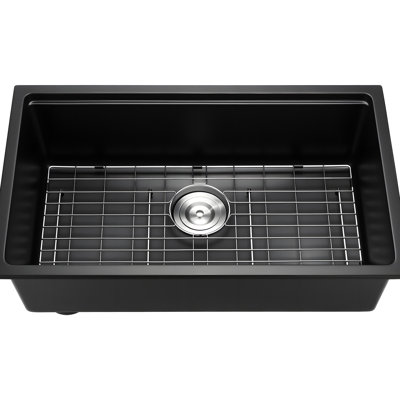 Single Bowl Drop - In 30 Inch Quartz Sink, Black Composite, Reduces Splashes And Helps Kitchen Efficiency Granite Non Porous Finish, Ideal For Compact Spaces