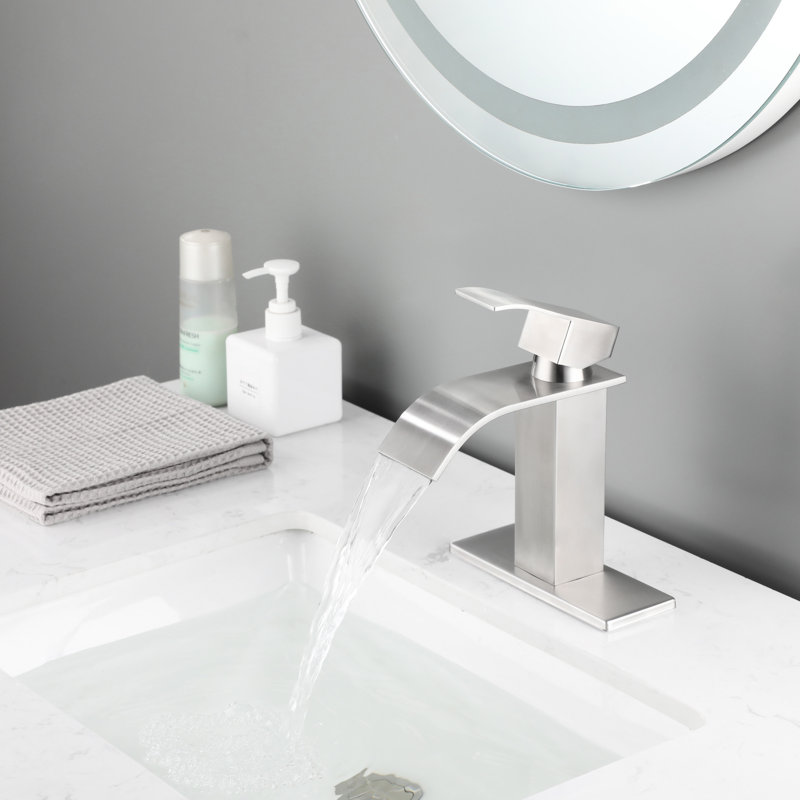 Stainless Steel Bathroom Faucet With Waterfall Spout, Single Handle In Brushed Nickel For Experience Spout Tap, Practical