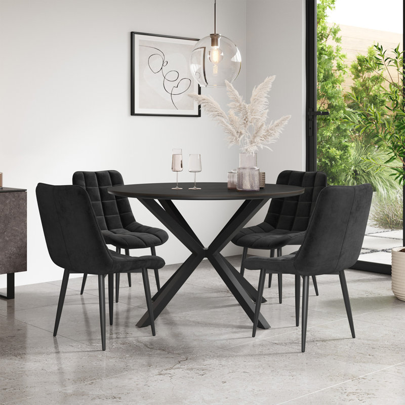 Calne 120cm Round Concrete Effect Ceramic Dining Table Set with 6 Nova Velvet Chairs, Black