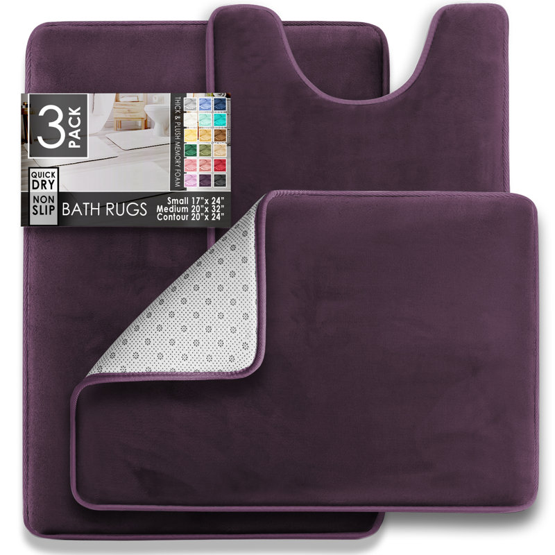 Aighan 3 Piece Ultra Soft and Absorbent Memory Foam Bath Rug Set with Non-Slip Backing, Purple