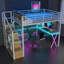 Lit mezzanine en métal avec poste de travail intégré, garde-robe, escalier de rangement et DEL-1226174820