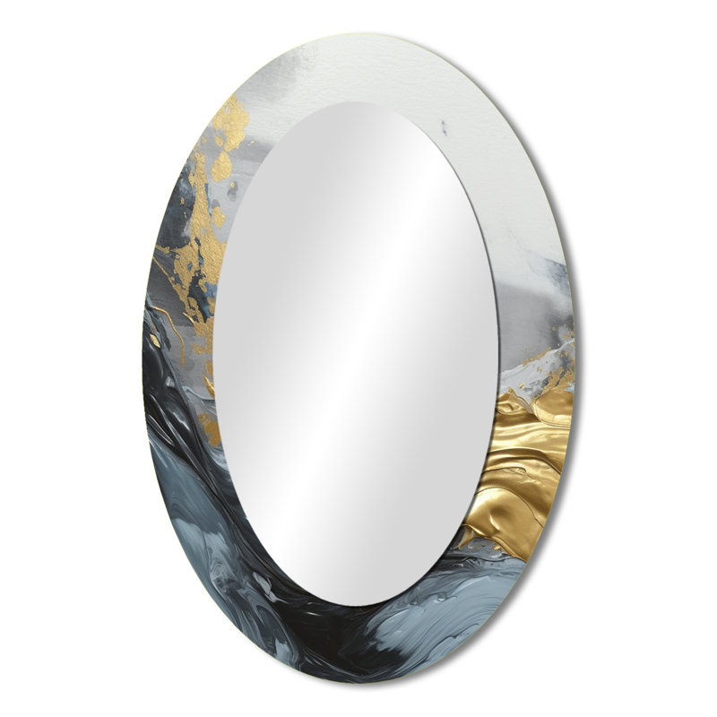 Abstraction contemplative grise et dorée - Grand miroir mural ovale sur métal, 36 po x 24 po