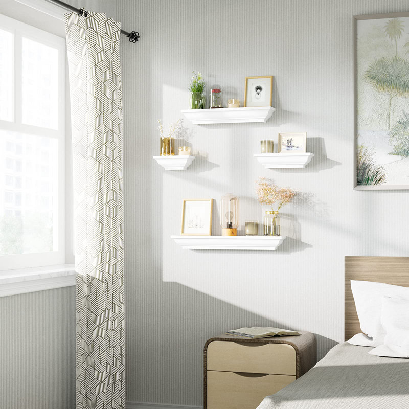 4 Piece Solid Wood Floating Shelf, White