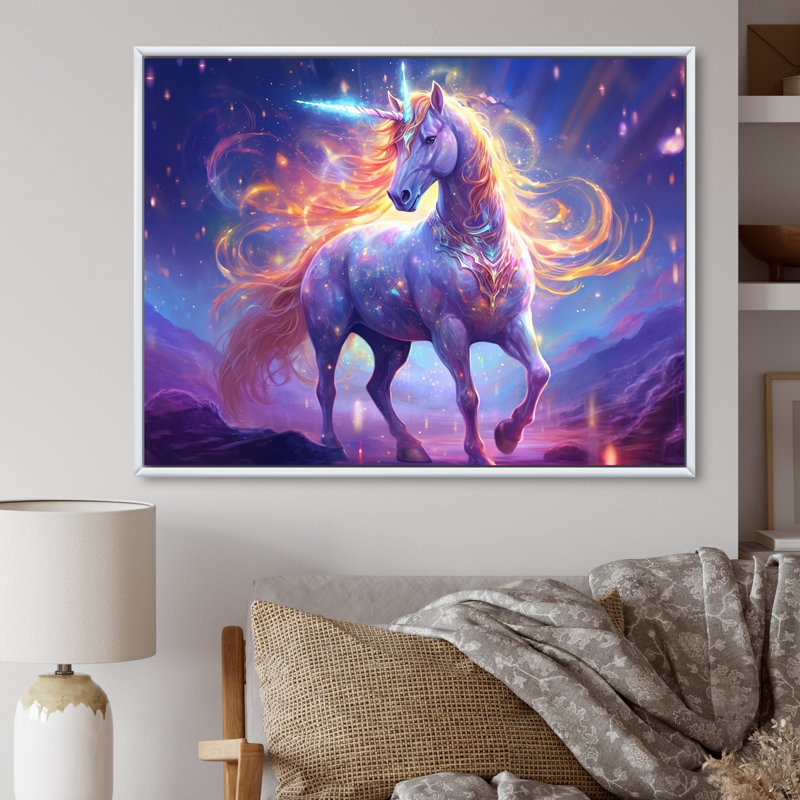 Impression sur toile Cosmic Purple Unicorn Magic I, Cadre flottant blanc, 30" H x 40" W