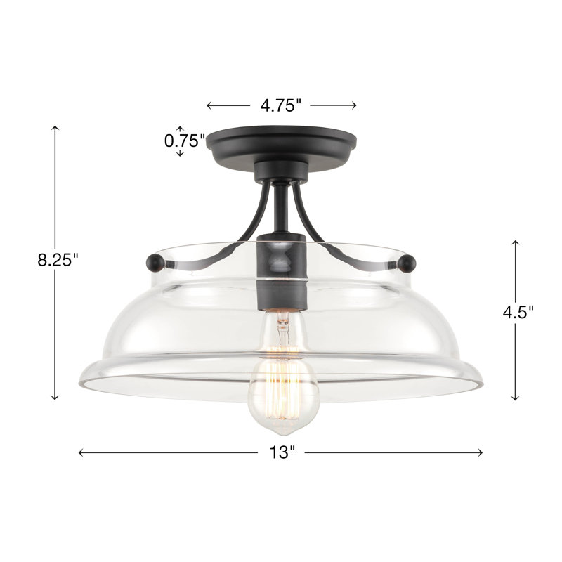 Plafonnier semi-encastré de style campagne moderne de 13 po avec abat-jour en verre dôme transparent Kira Home Wright
