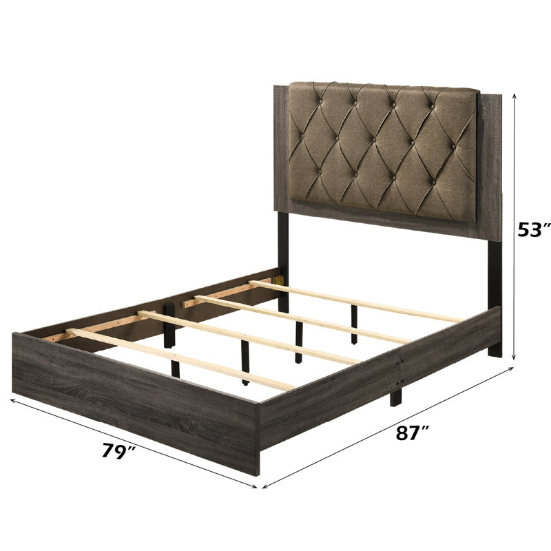 Lit tête de lit capitonné en tissu de style chêne gris rustique, structure en bois, pieds fuselés, 4 lattes, pièce indispensable pour sommier tapissier, capacité de charge de 660 lb, espace libre au sol de 4 po, profondeur de 79 po,
