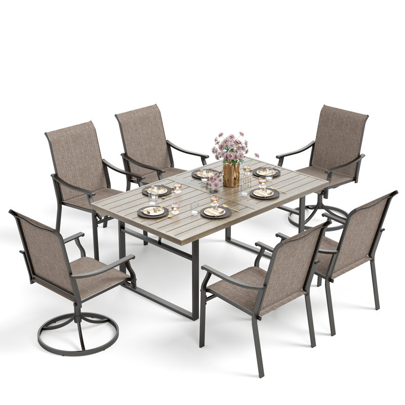 6-seat Rectangle Outdoor Patio Dining Set Wood-like Metal Table With Swivel Sling Chairs