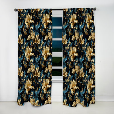 Bleu foncé et doré Techno Damask Realm IV - Rideau damassé - Rideau obscurcissant - 1 panneaux