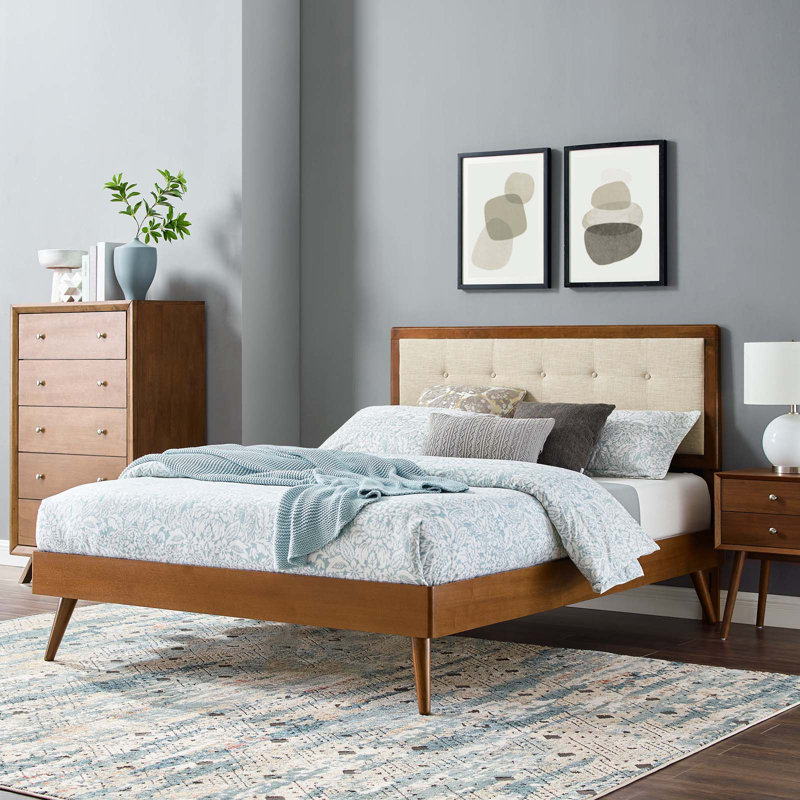 Willow Wood Platform Bed with Splayed Legs, Queen, Walnut/Beige