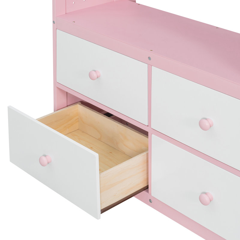 Lit superposé simple rose avec tablettes intégrées, système de rangement double et 4 tiroirs, idéal pour les chambres de frères et sœurs, rail suspendu, bande et tablettes