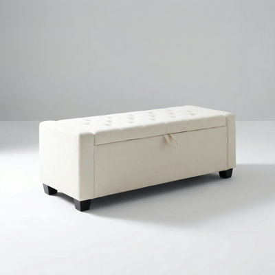 48-Inch Upholstered Storage Ottoman Bench with Safety Hinge and Button-Tufted Lid, Multi-Functional Seating and Hidden Compartment for Living Room, Bedroom, or Entryway, Beige Fabric