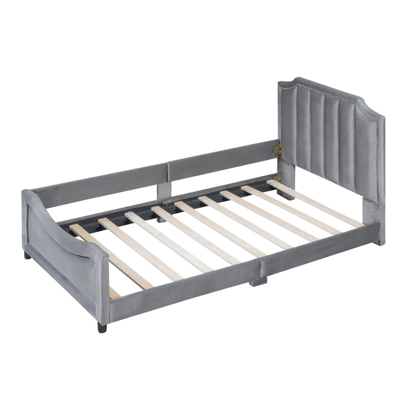 Upholstered Daybed with Classic Stripe Shaped Headboard, Grey