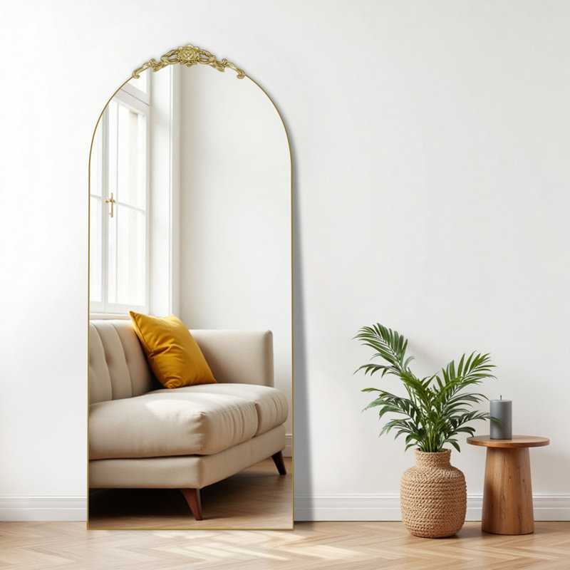 Large Arched Rectangle Wood Framed Full-Length Mirror with Stand Bathroom Vanity Mirror, 67" x 39", Gold