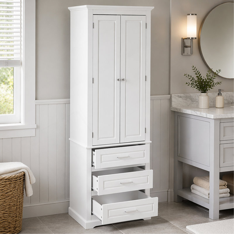Tall Storage Cabinet With Three Drawers For Bathroom/Office, White