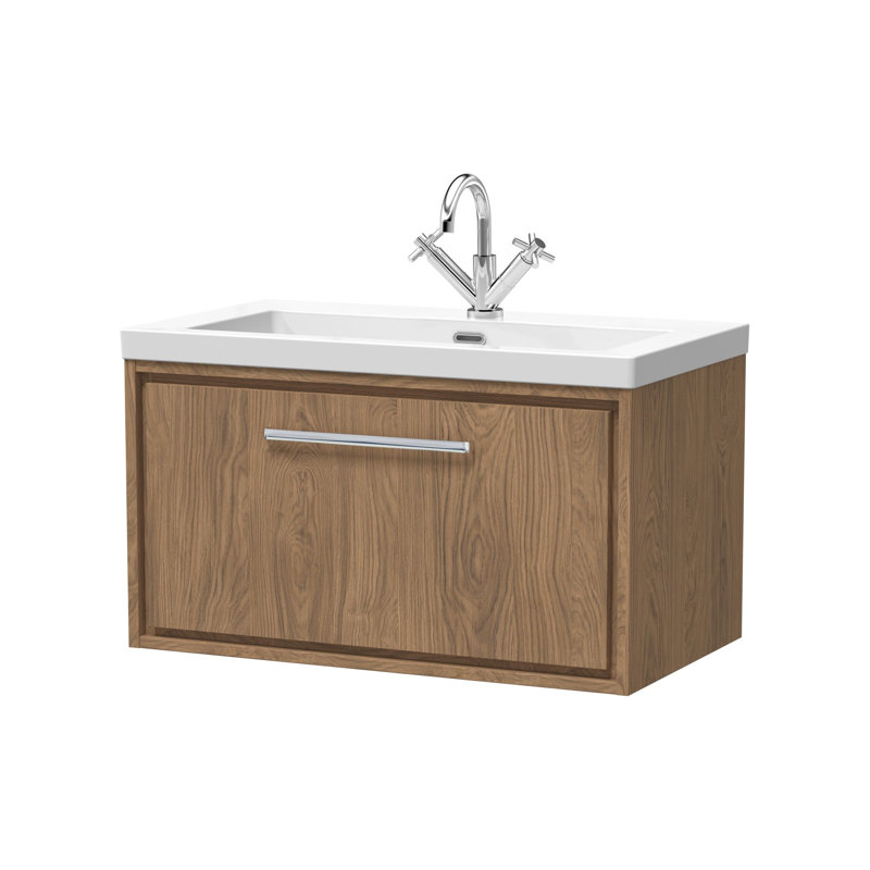 Hudson Reed Lille 800mm Antique Oak 1 Drawer  Wall Hung Vanity Unit With 1 Tap Hole Fireclay Basin, Antique Oak, 81.3cm W