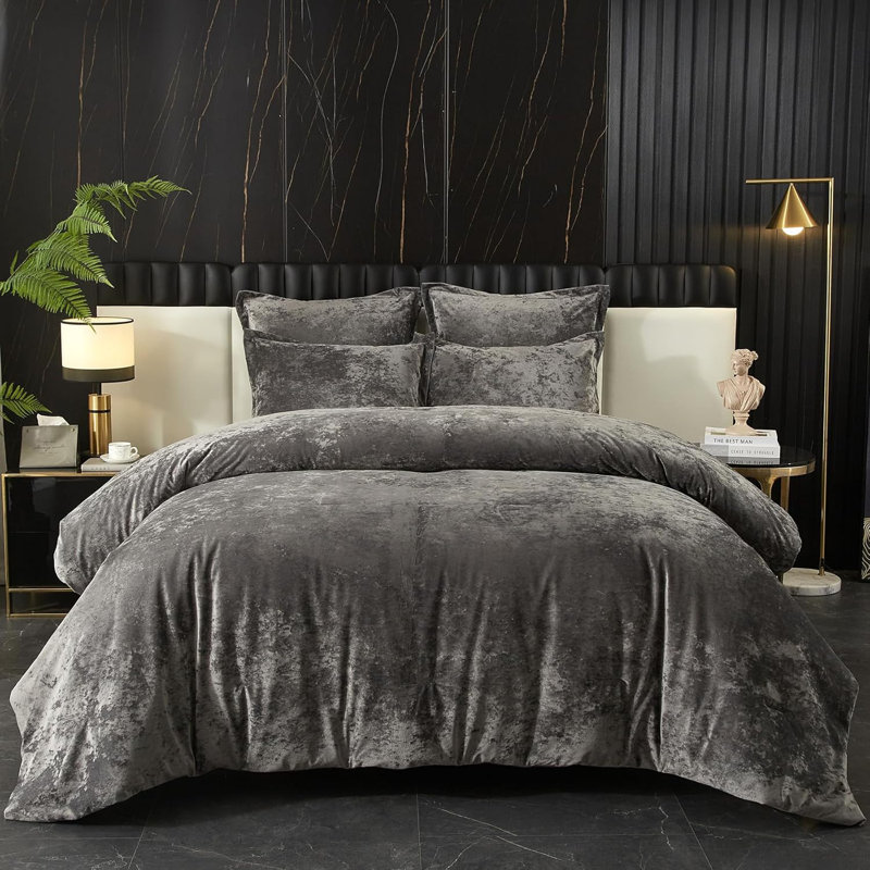 Crushed Velvet Comforter Set , Lightweight Comforter Set, 5pcs, Gray, King Comforter + 4 Additional Pieces