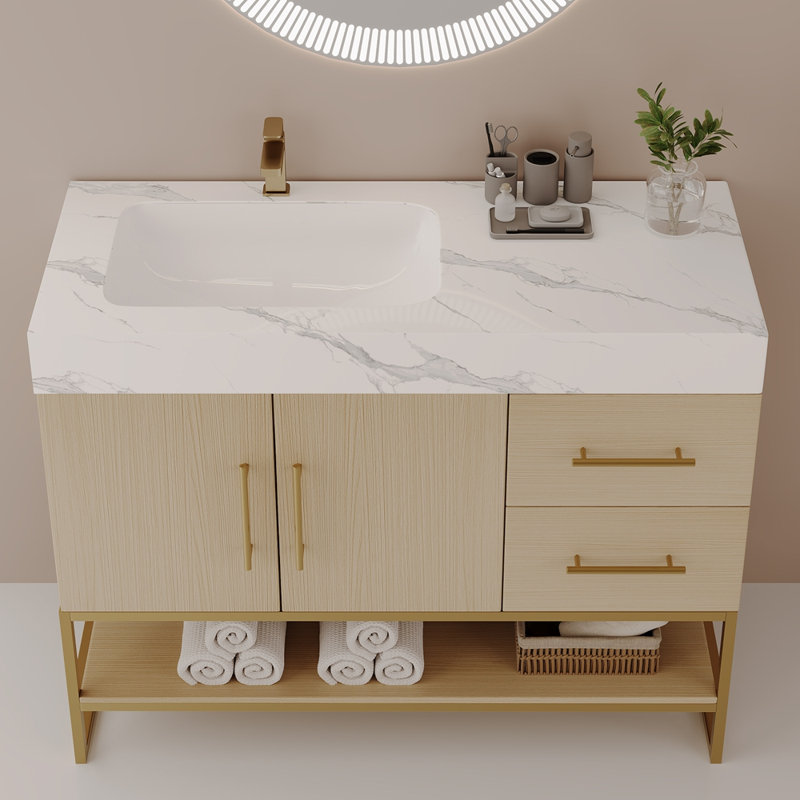 Meuble-lavabo autoportant moderne 36 po avec lavabo en céramique sans couture et plateau en pierre frittée, Left, White