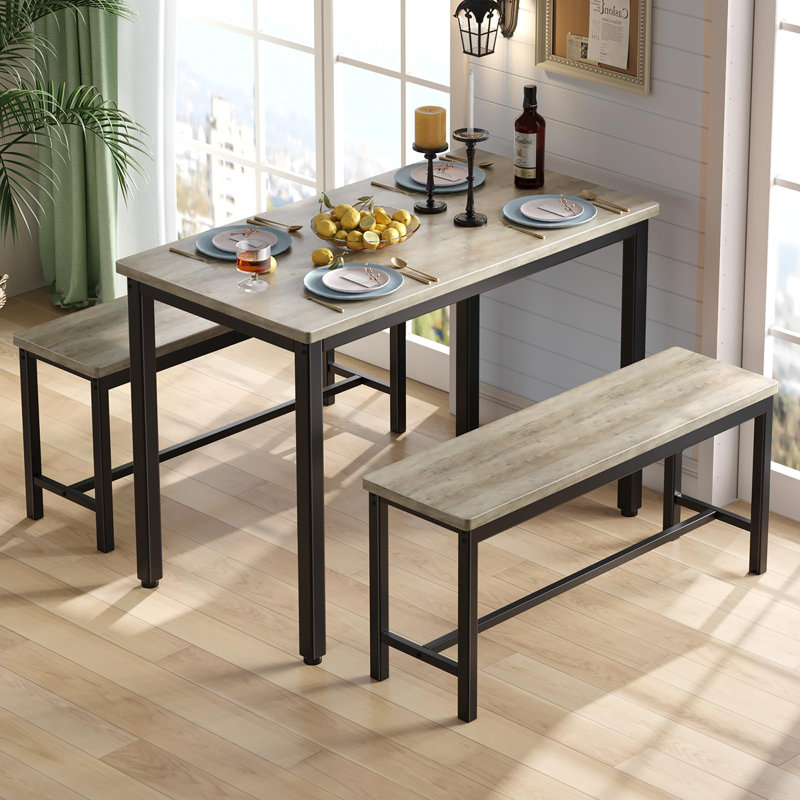 3-Piece Space-Saving Dining Table Set for 4 with 2 Benches, Gray