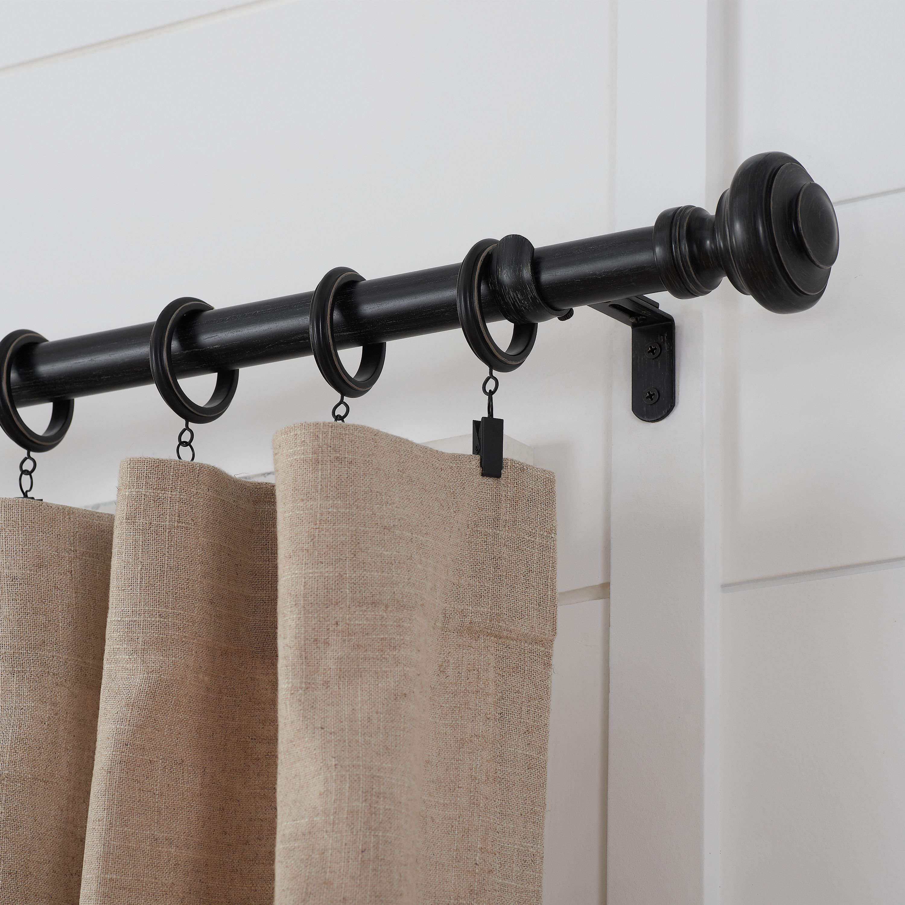 Mode Farmhouse Collection 1 1/8 Diameter Curtain Rod Set with Porch Doorknob Curtain Rod Finials and Steel Wall Mounted Adjustable Curtain Rod, Fits