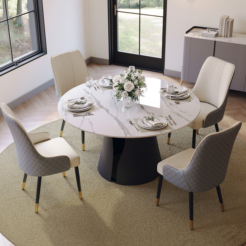  Ensemble de salle à manger 5 pièces, salle à manger ronde pré-assemblée, ensemble de table de salle à manger en pierre frittée brillante avec chaises rembourrées en polyuréthane