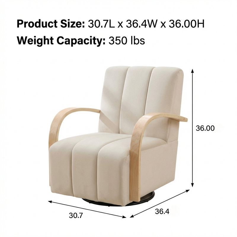 Chaise d'appoint moderne pivotante rembourrée avec accoudoirs en bois massif et conception capitonnée