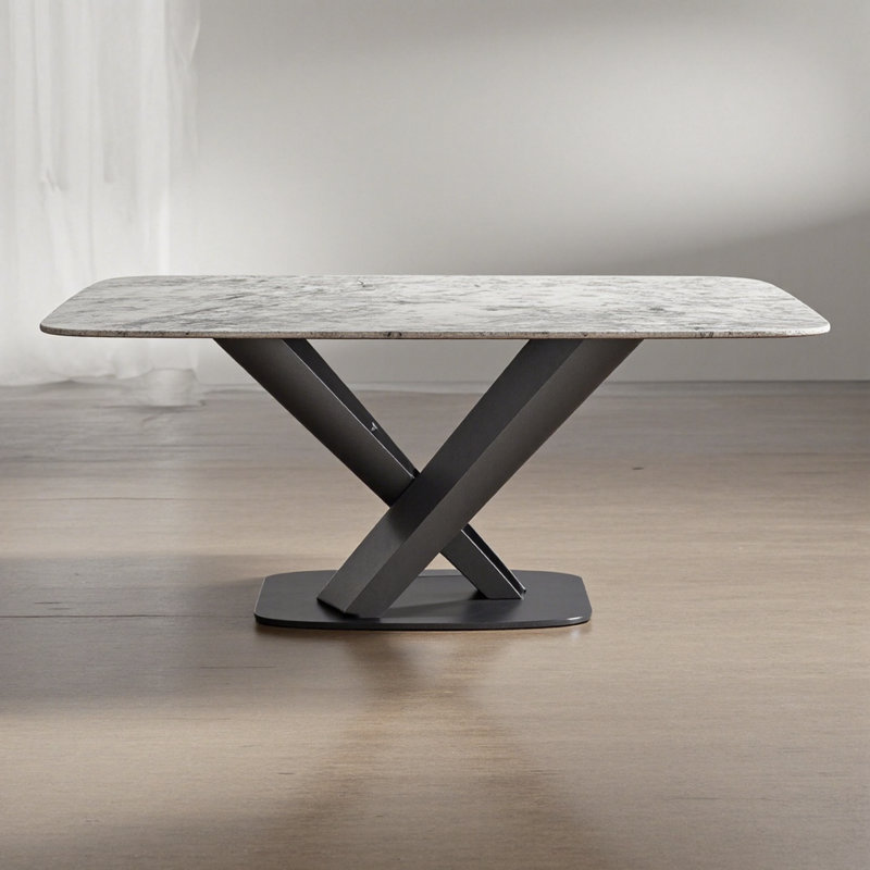 Table de salle à manger moderne en pierre frittée avec base en métal en forme de X, H 33 po x l 79,13 po x P 39,37 po