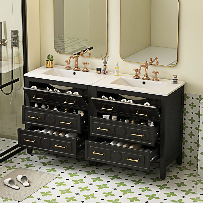 Ensemble de meuble-lavabo autoportant avec lavabo en céramique séparé, Noir, Doré