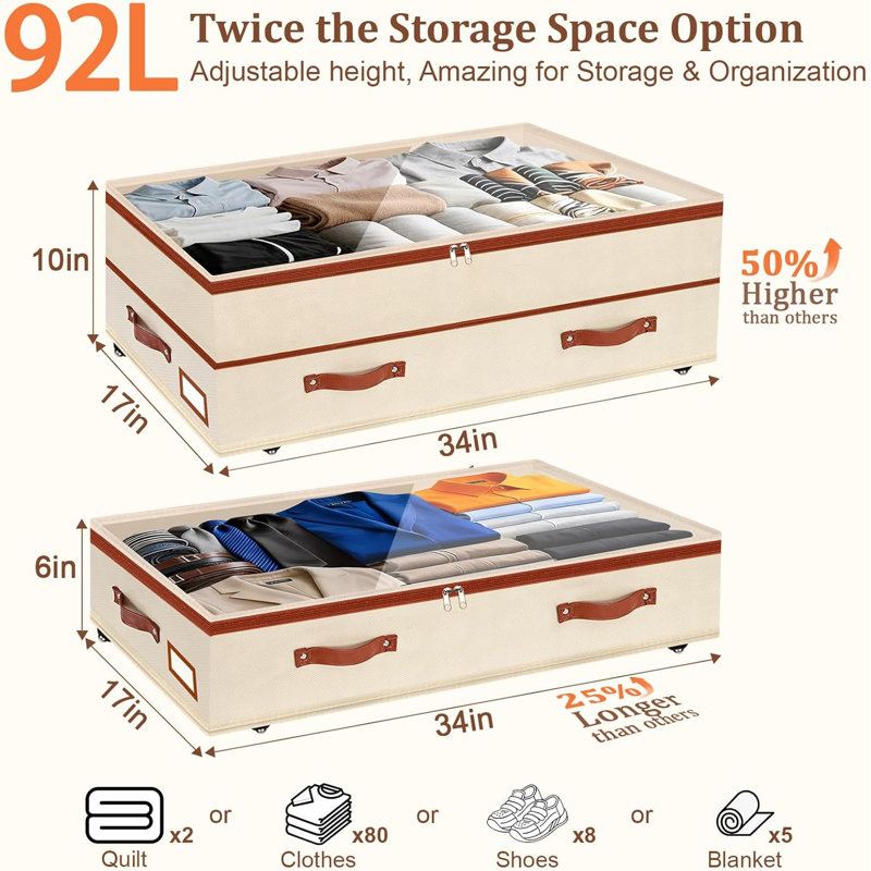 2 Pack Under Bed Storage with Wheels, 6in-10in Height Adjustable Underbed Storage Containers