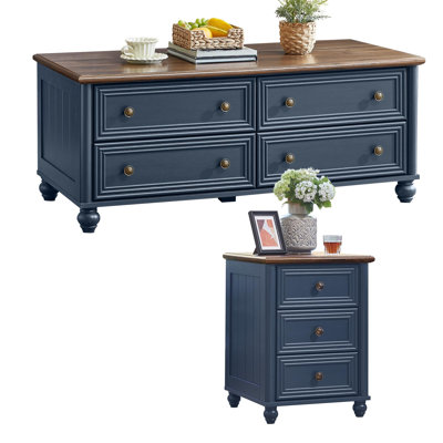 Ensemble de table basse et table de chevet 2 pièces Farmhouse, meubles de salon et de chambre à coucher en bois avec rangement caché, colonne romaine et base cylindrique