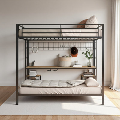 Full Over Twin Bunk Bed With Desk And Charging Station And Storage Shelves And Metal Wire Mesh Panel With Hooks For Teen,Safety Guard & Stairs,No Box Spring Needed