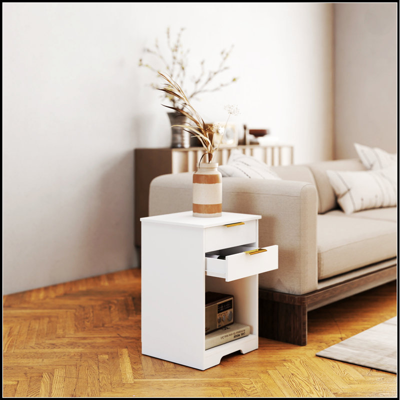 Table de chevet blanche moderne avec 2 tiroirs, une tablette ouverte et des poignées dorées pour la chambre à coucher ou le salon, facile à assembler