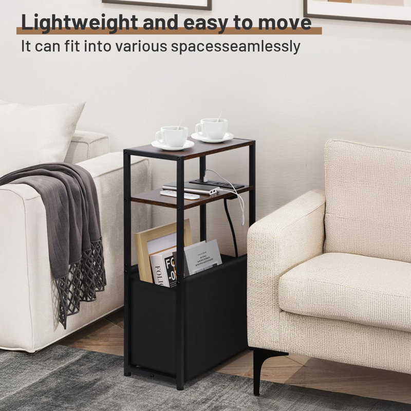 Narrow Side Table With Charging Station, Storage Bag, And Space-Saving Design